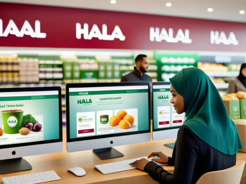 Un grupo diverso de personas realiza compras online de productos Halal con certificaciones Halal en una escena moderna y bien iluminada