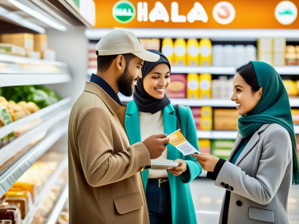 Un grupo diverso de personas discute y examina etiquetas de alimentos Halal en un supermercado moderno y bien iluminado