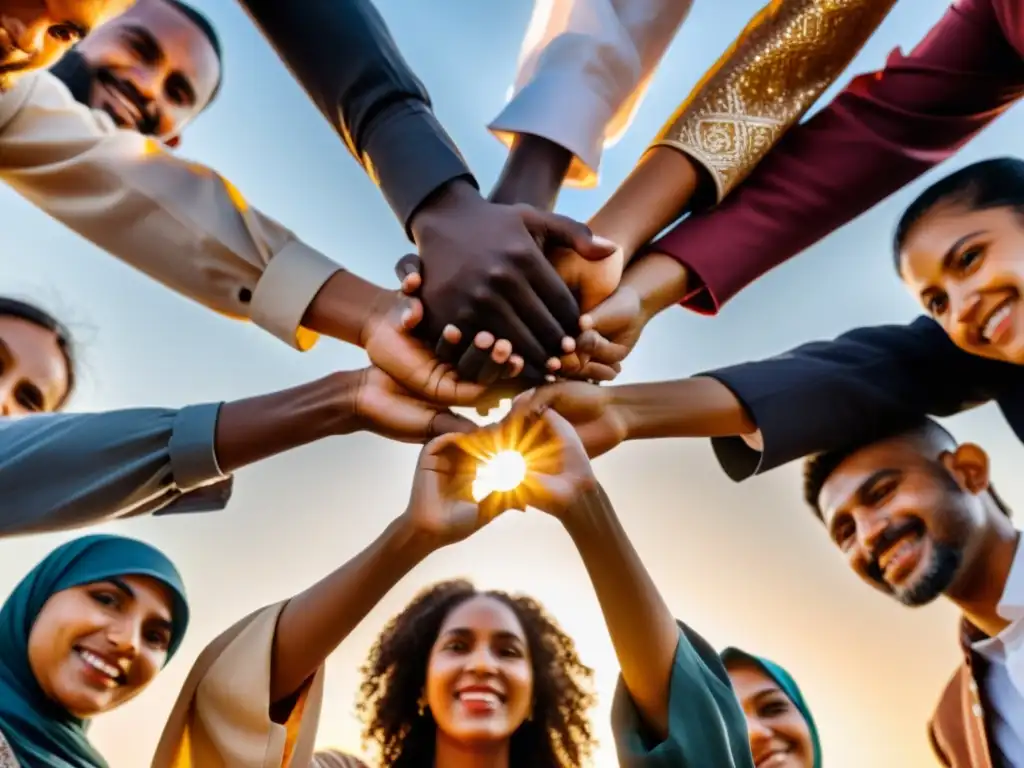 Un grupo diverso de personas de diferentes etnias y culturas se reúnen, tomados de la mano en círculo, con el sol poniéndose al fondo