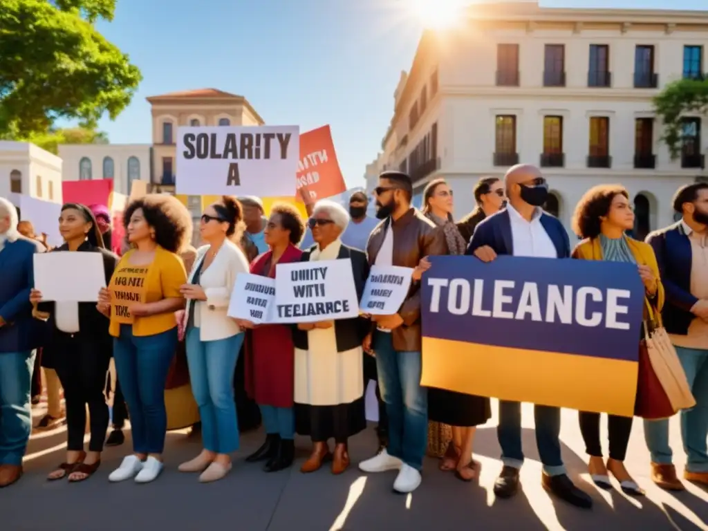 Un grupo diverso de personas se reúne en una plaza en América Latina, sosteniendo carteles de unidad y tolerancia contra la islamofobia