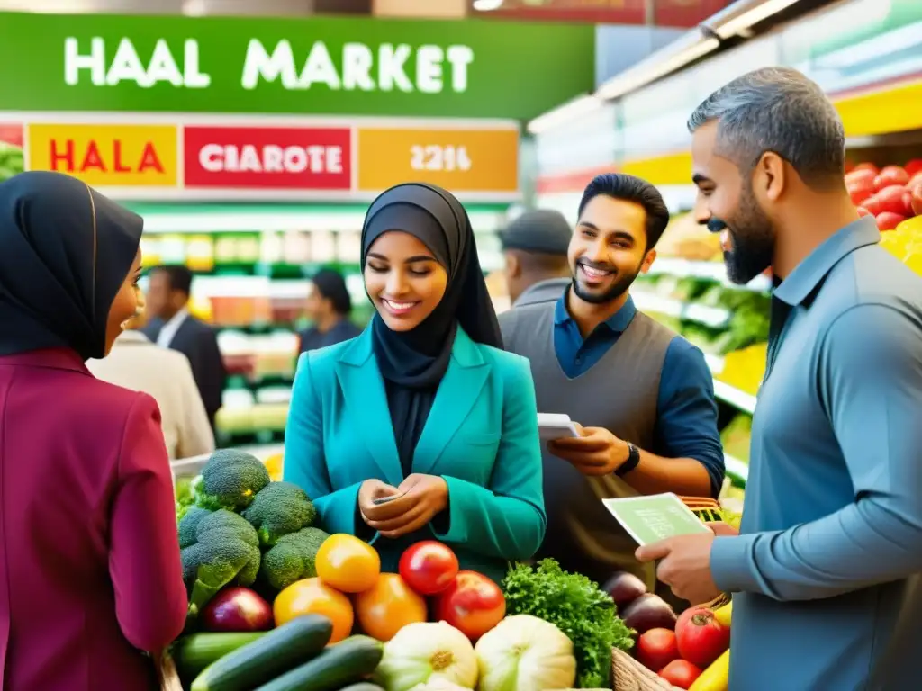 Grupo diverso de personas explorando productos en mercado Halal