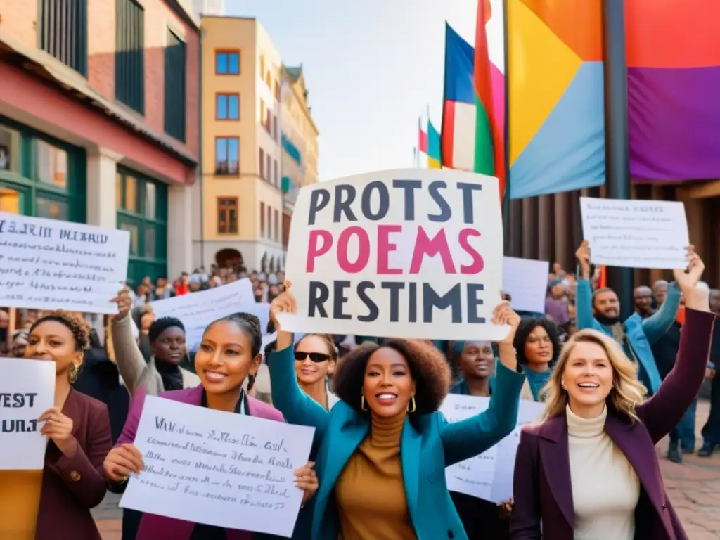 Un grupo diverso de personas se unen en protesta, sosteniendo poemas de protesta en diferentes idiomas