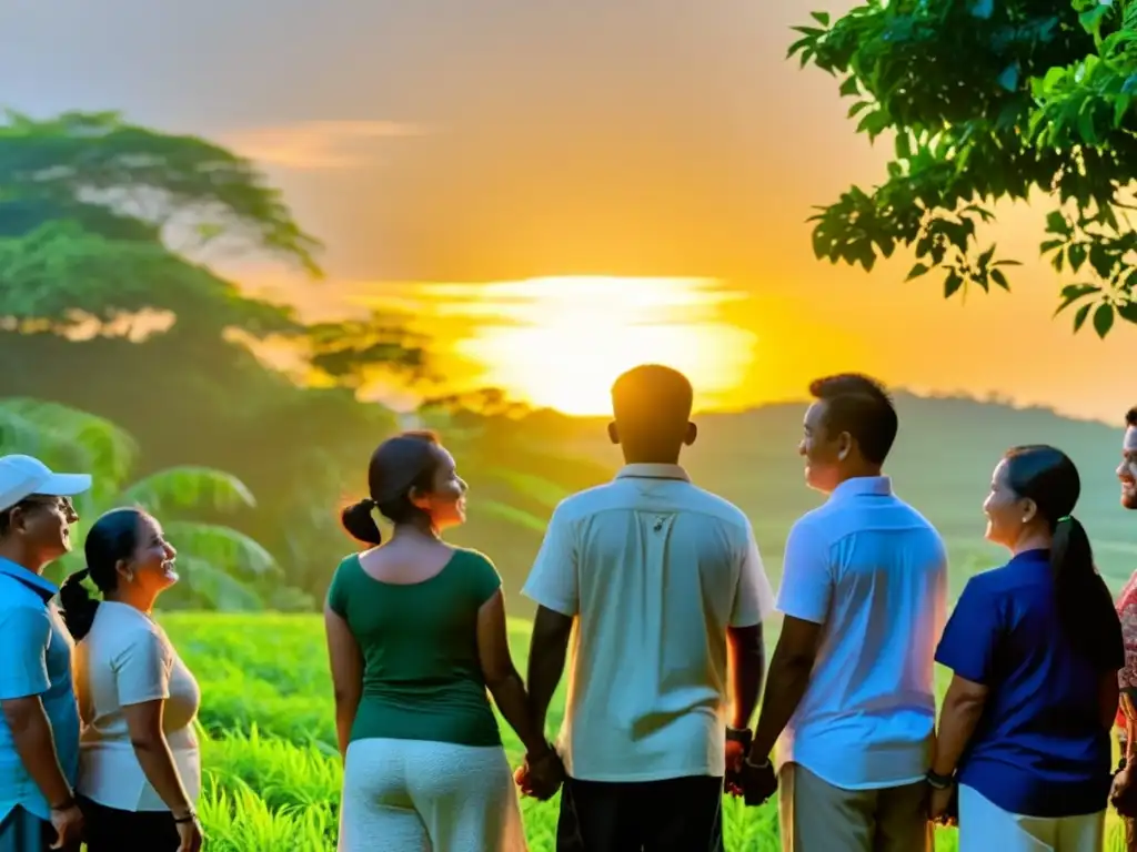 Un grupo diverso de personas se paran unidas en círculo, mirando con esperanza hacia el horizonte al atardecer en Mindanao