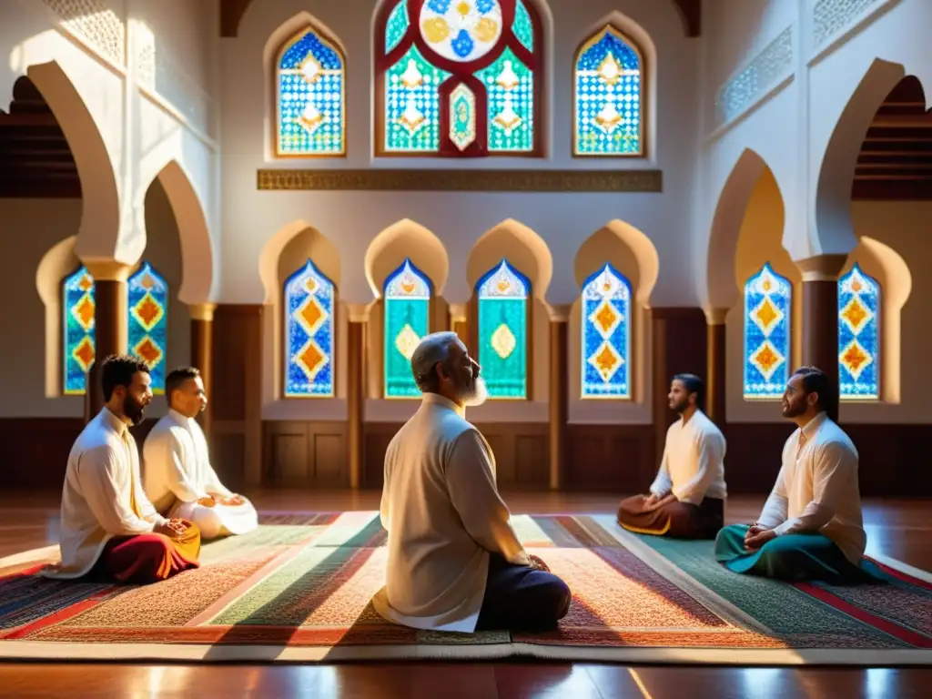 Un grupo diverso participa en una práctica espiritual sufí en una hermosa mezquita