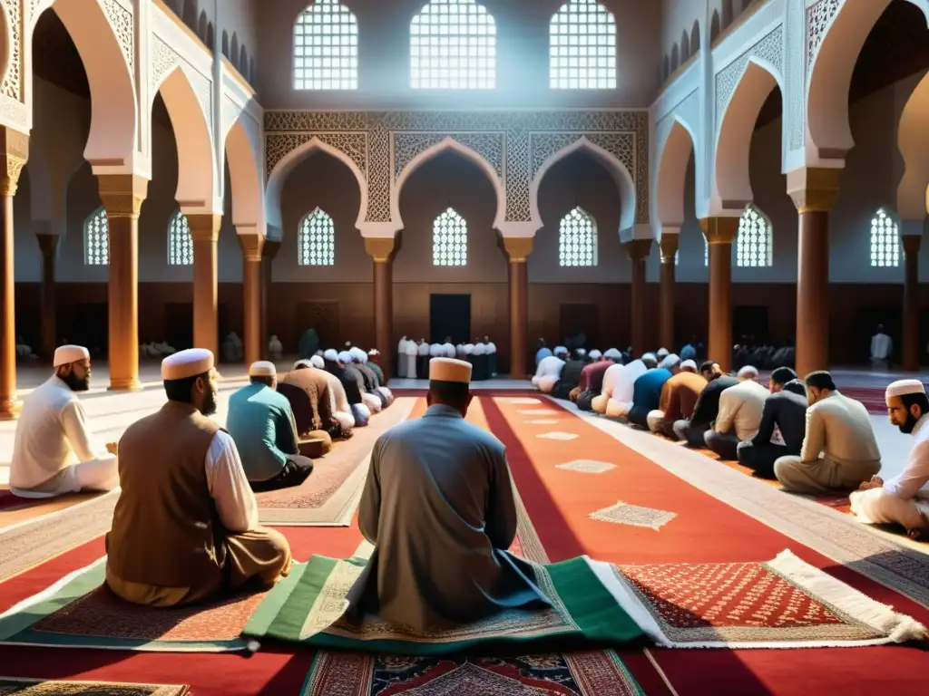 Un grupo diverso realiza rituales islámicos detallados en una impresionante mezquita, con una atmósfera serena y reverente