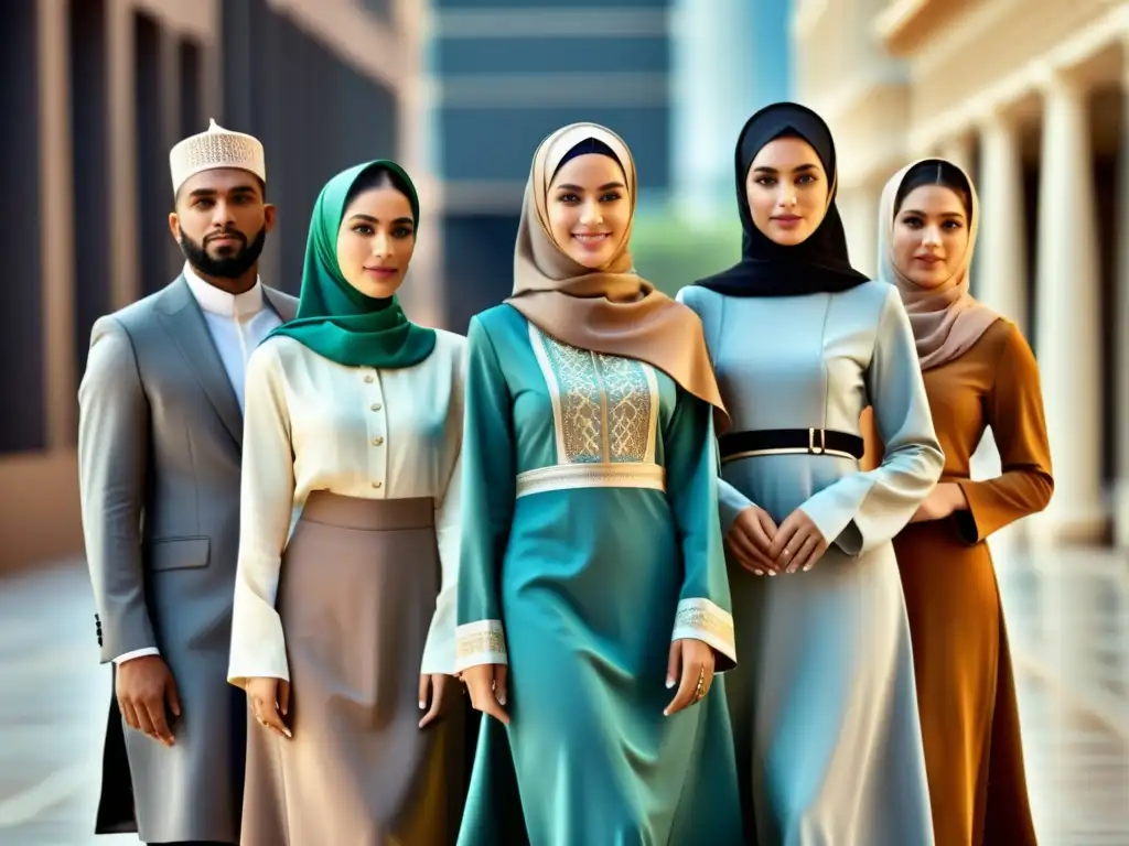 Grupo diverso viste ropa islámica elegante y modesta, hecha con materiales halal, fusionando tradición con moda urbana contemporánea