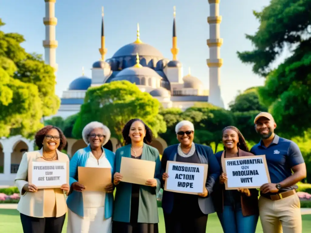 Un grupo diverso se une en solidaridad frente a una mezquita, con mensajes de acción climática y un fondo sereno