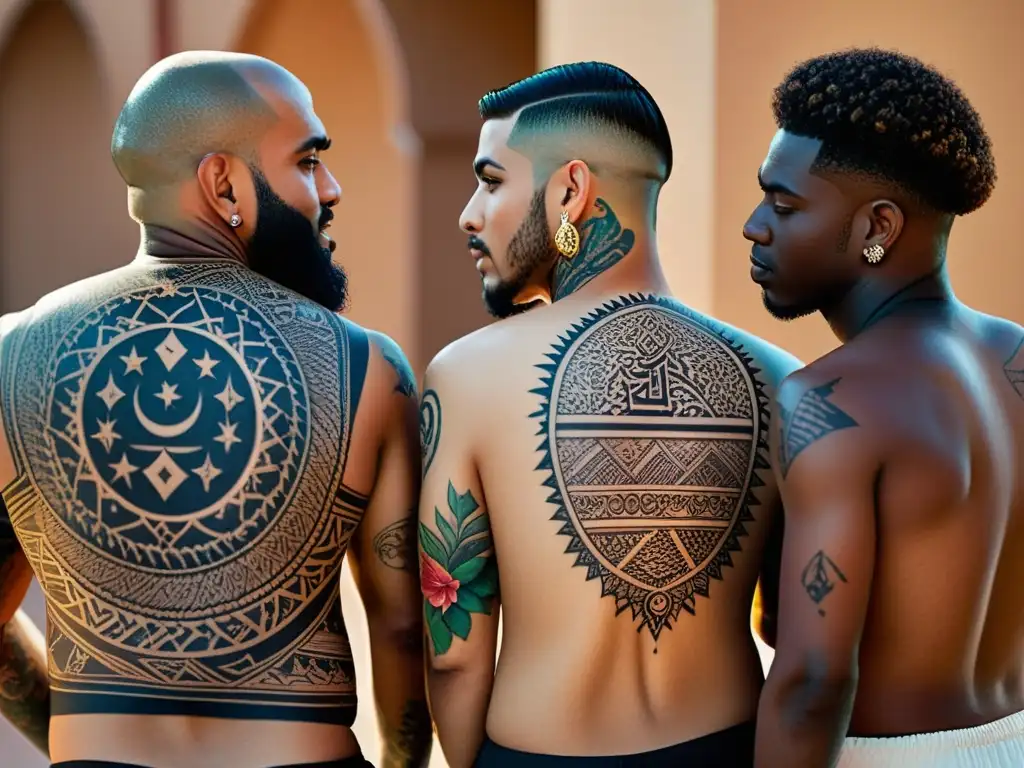 Un grupo diverso con tatuajes islámicos detallados en intensa conversación, reflejando el significado cultural de los tatuajes en el Islam