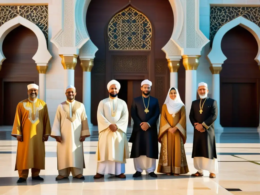 Un grupo diverso con vestimenta apropiada frente a una majestuosa mezquita