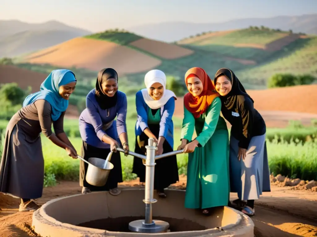 Un grupo diverso de voluntarios construye un pozo de agua al atardecer en una comunidad rural