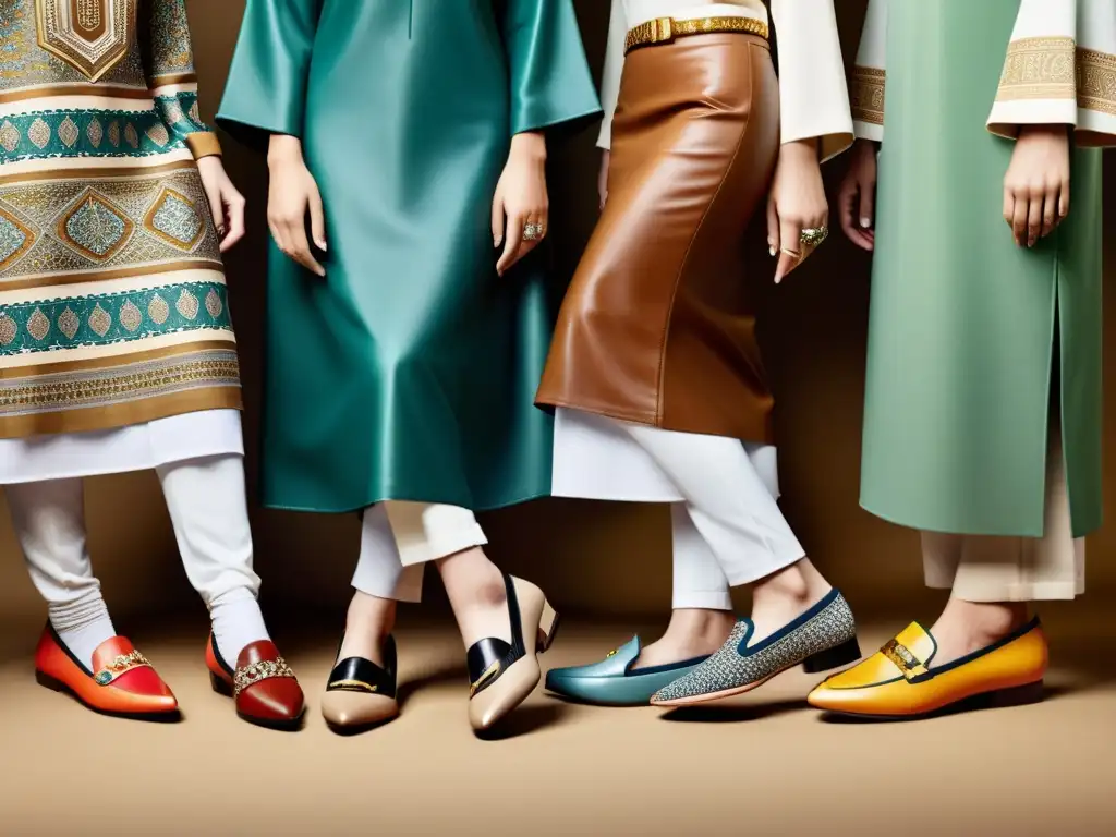 Grupo diverso usando zapatos halal de diseño moderno y elegante, fusionando tradición e innovación