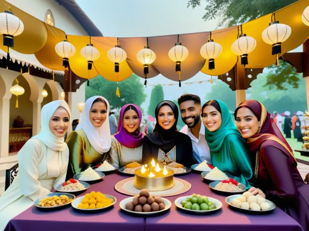 Grupo elegante celebra Eid alFitr al aire libre con ropa halal para ocasiones especiales, en un ambiente festivo y cálido al atardecer