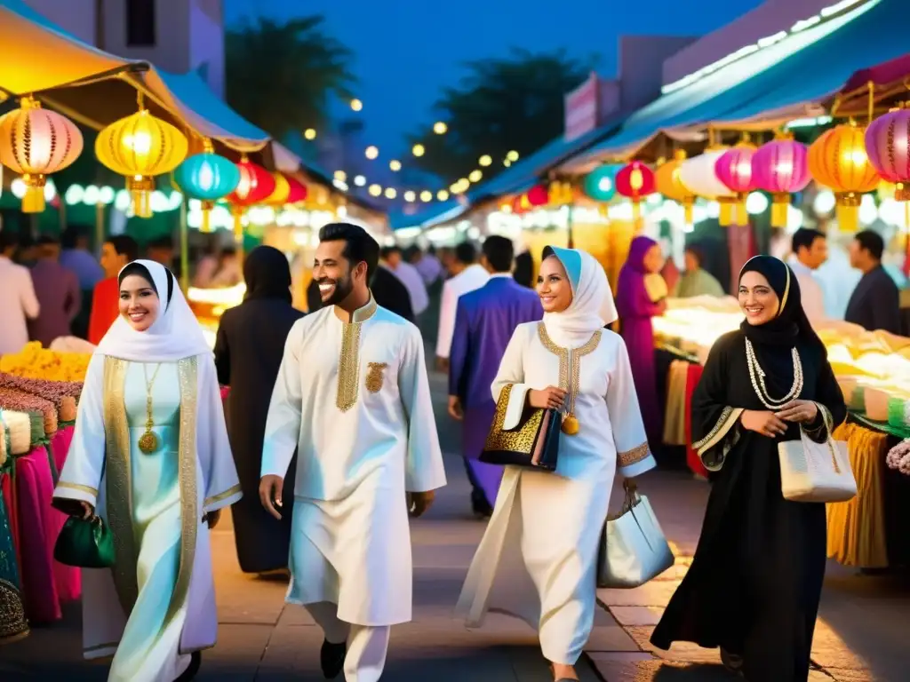 Un grupo elegante pasea por un mercado nocturno, vistiendo ropa tradicional vibrante durante Ramadan