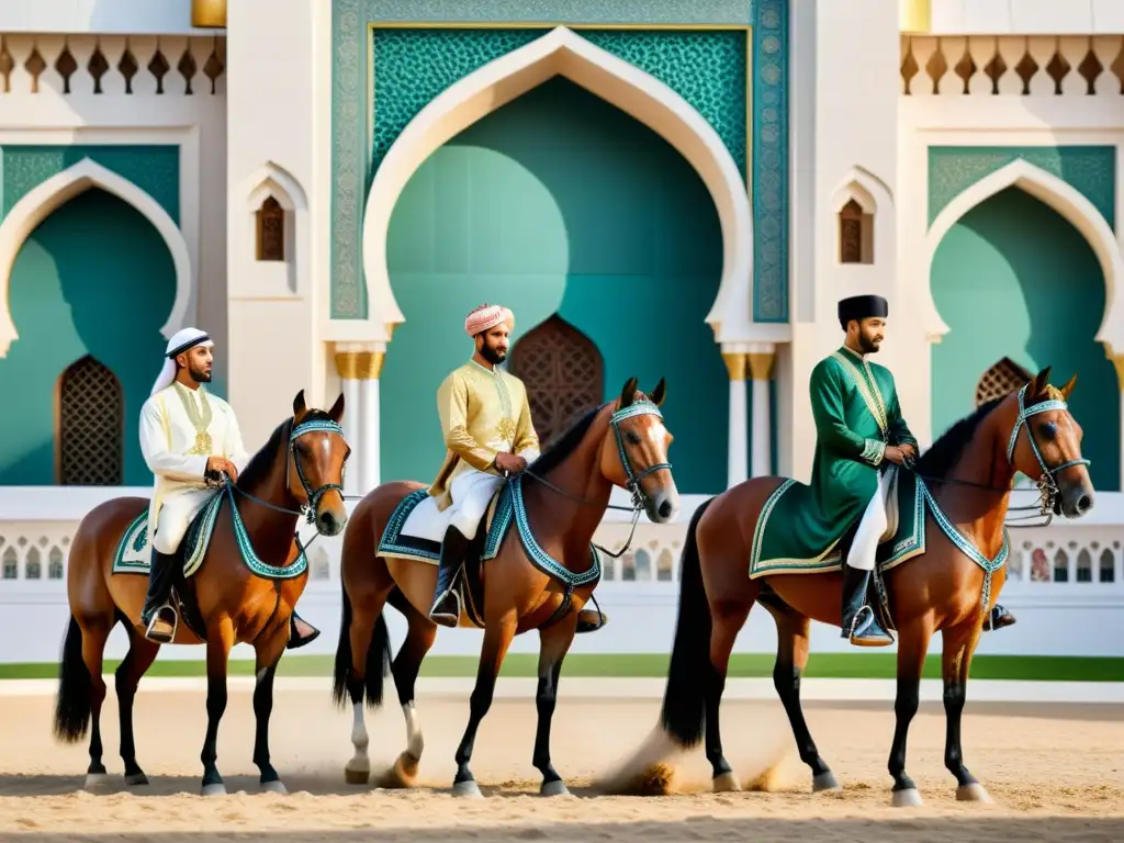 Un grupo de elegantes caballos árabes y jinetes ataviados con trajes islámicos tradicionales, posando frente a una mezquita