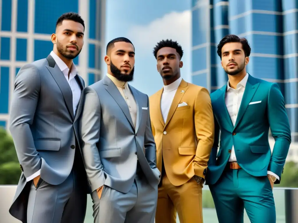 Moda Halal: Jóvenes elegantes en ambiente urbano Un grupo de elegantes jóvenes musulmanes viste moda Halal moderna en un entorno urbano