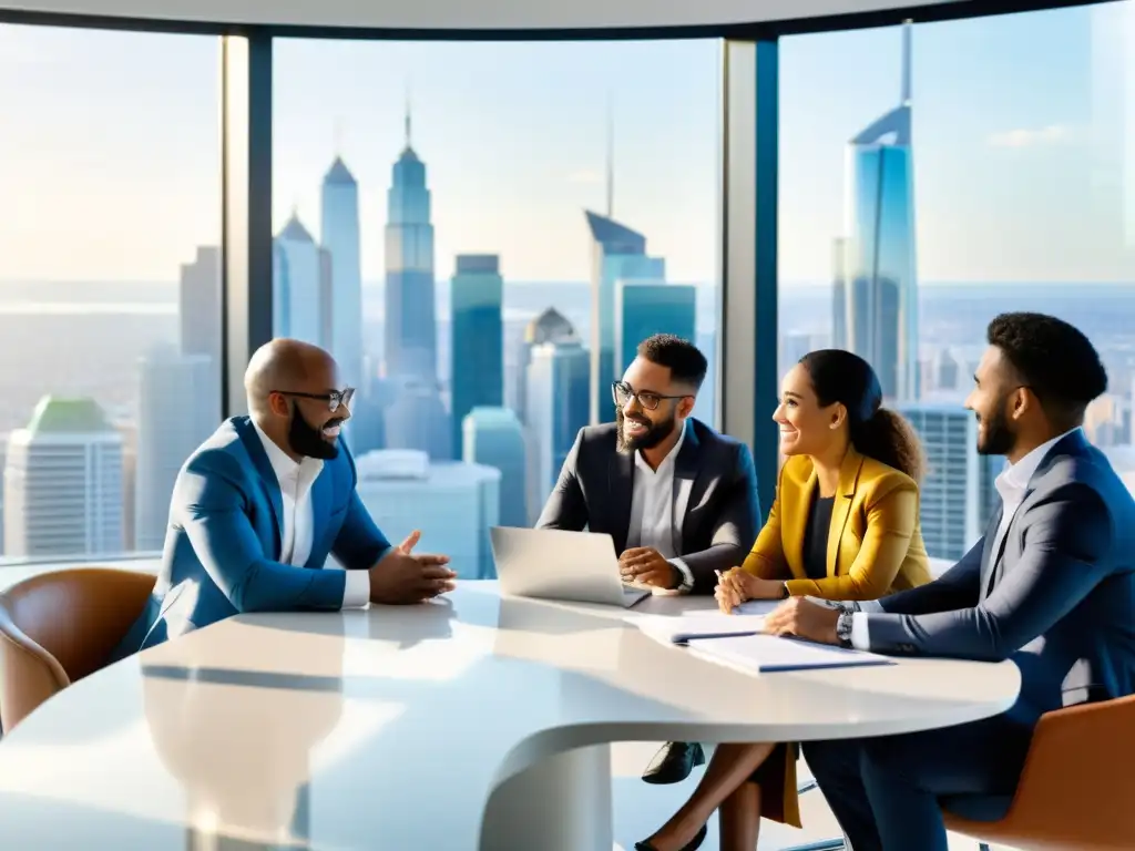 Un grupo de emprendedores diversos discuten en una oficina moderna y luminosa, con vistas a la ciudad