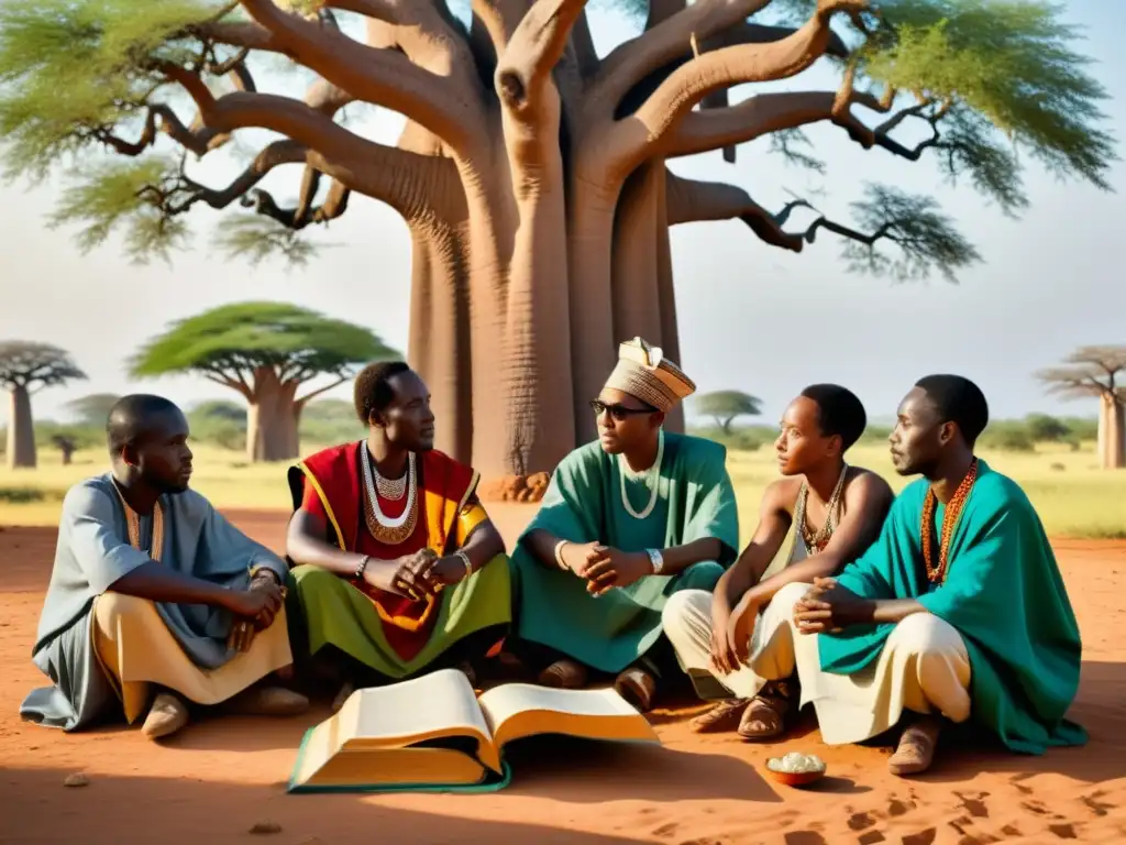 Un grupo de eruditos africanos discute la jurisprudencia islámica bajo un árbol baobab, con paisajes africanos y vestimenta tradicional detallada