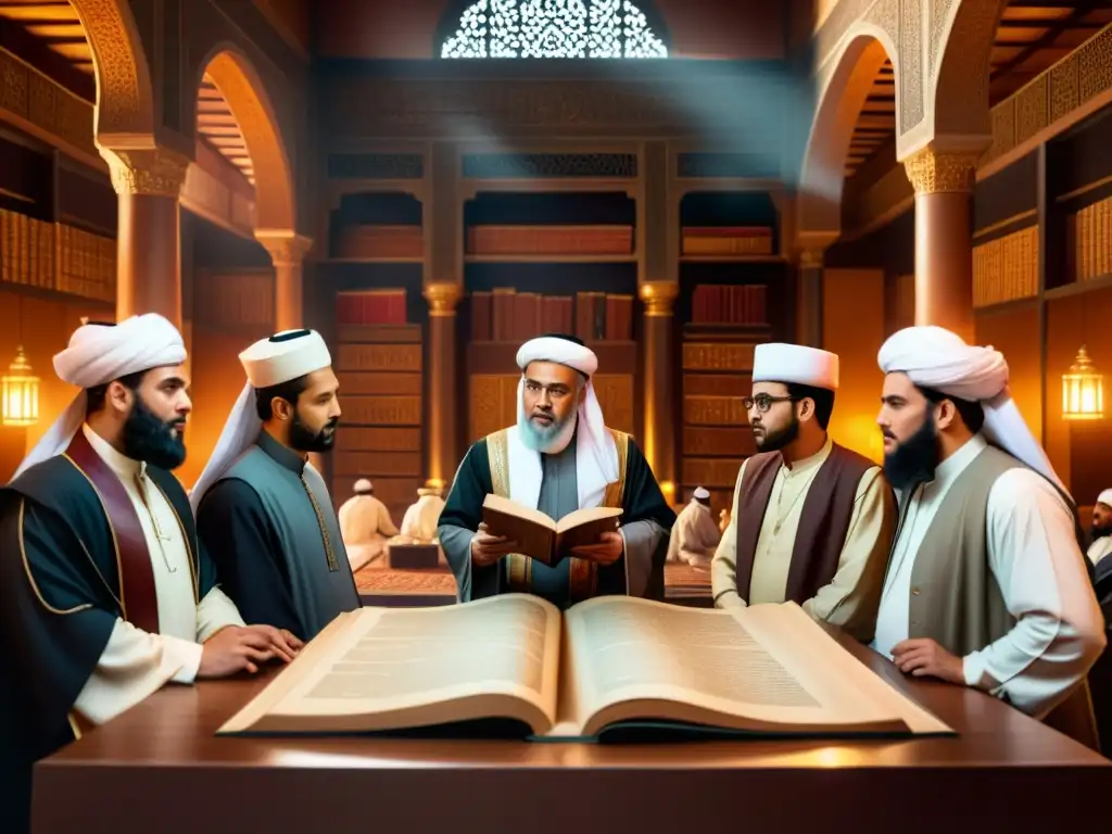Debate de eruditos sobre hadith en Islam Un grupo de eruditos debate intensamente las controversias del hadith en Islam en un salón decorado con caligrafía árabe, iluminado por lámparas
