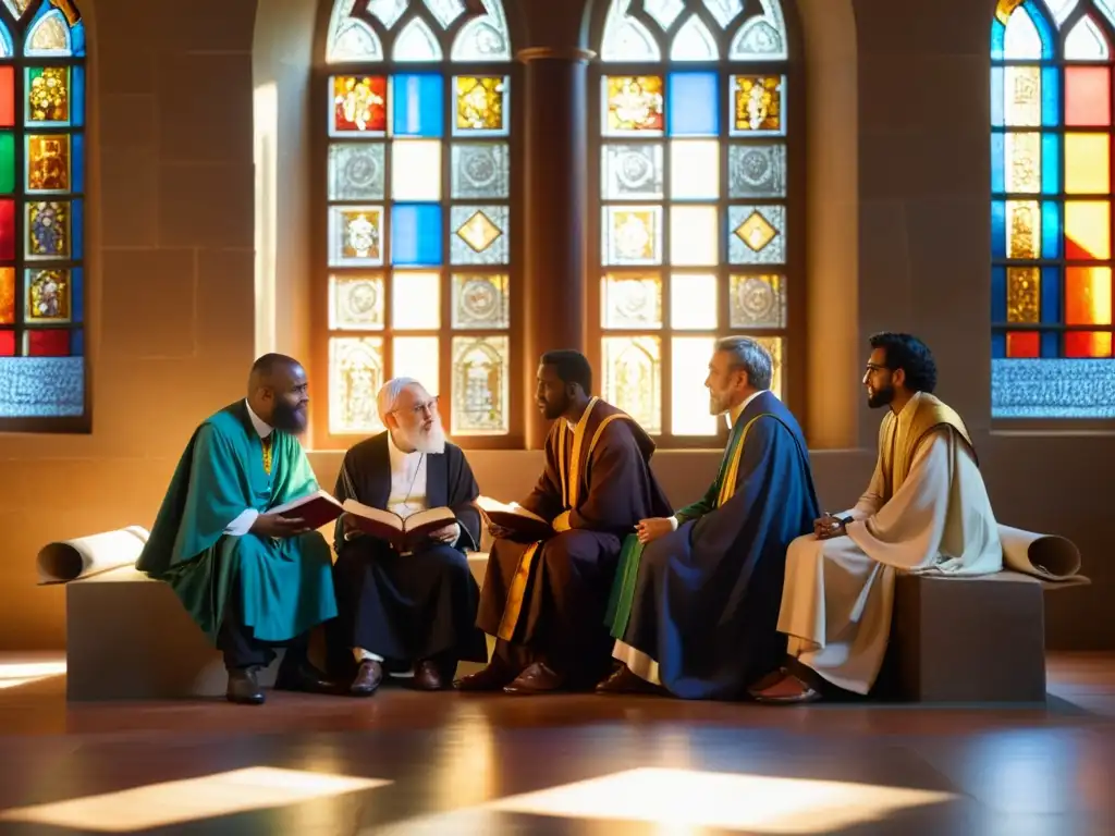 Grupo de eruditos y filósofos de diferentes religiones dialogando en armonía, rodeados de antiguos textos