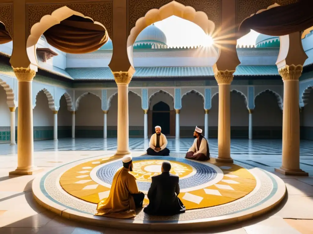Discusión de hadith en una mezquita antigua Un grupo de eruditos islámicos debate en el patio de una antigua mezquita, iluminado por la cálido sol