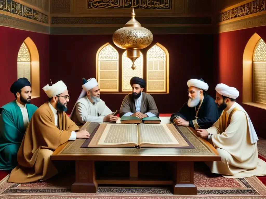 Grupo de eruditos islámicos discutiendo en torno a una mesa ornada, evocando el desarrollo de la shari'a islámica con intensidad académica