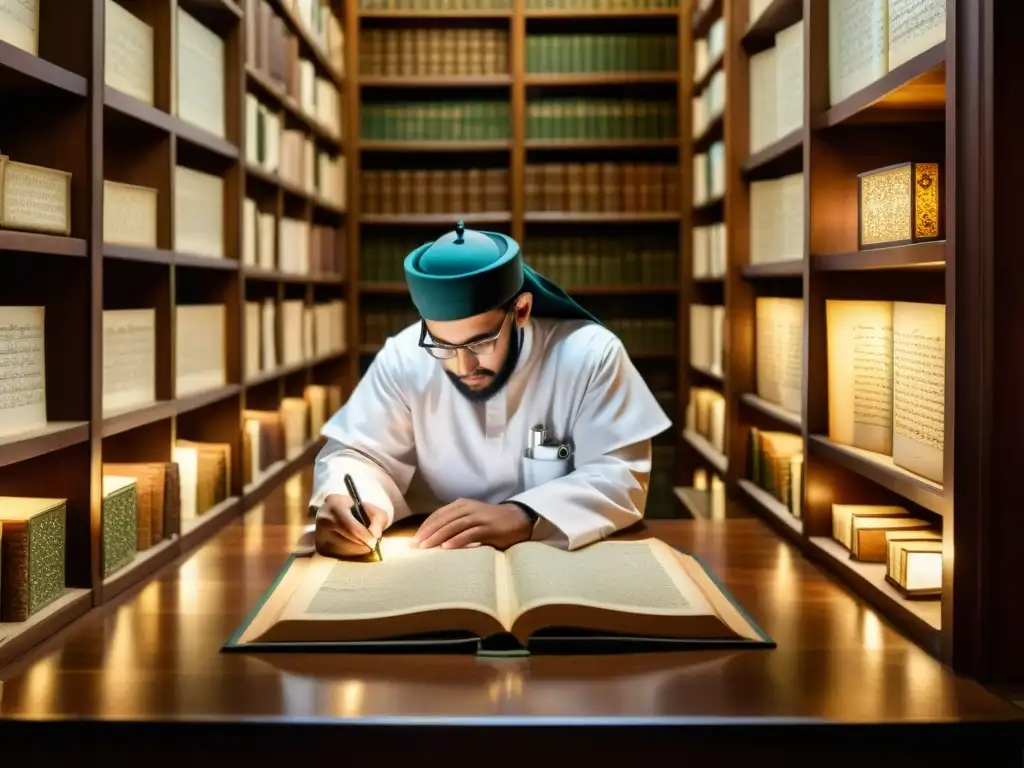 Un grupo de eruditos estudia un manuscrito médico islámico en una biblioteca ornamentada y tenue