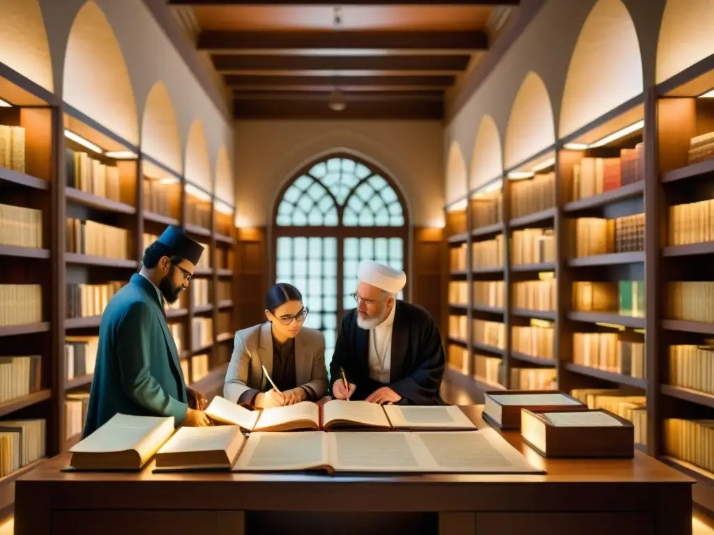 Un grupo de eruditos estudia manuscritos islámicos en una biblioteca iluminada, creando un ambiente de reverencia e intelectualidad