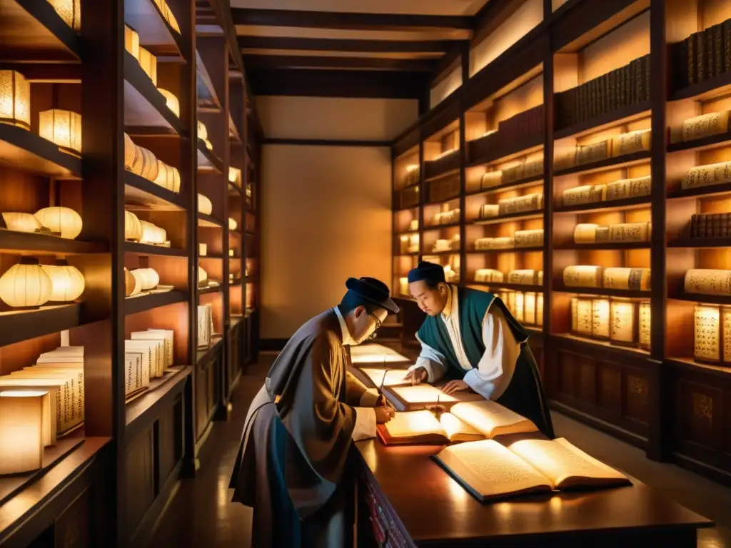 Grupo de eruditos estudian manuscritos en sala iluminada, evocando sabiduría islámica en África