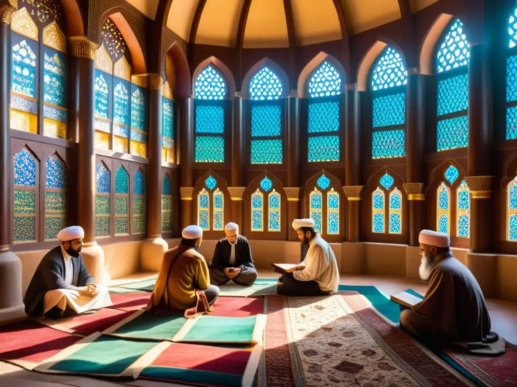 Grupo de eruditos discutiendo en una mezquita decorada, con luz solar filtrándose por las vidrieras