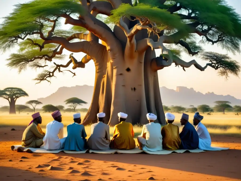 Un grupo de eruditos musulmanes africanos se reúne bajo un baobab gigante, inmersos en una profunda discusión y estudio