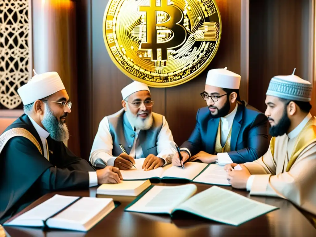 Un grupo de eruditos musulmanes discuten sobre criptomonedas y finanzas halal, expresando opiniones jurídicas con seriedad y sabiduría