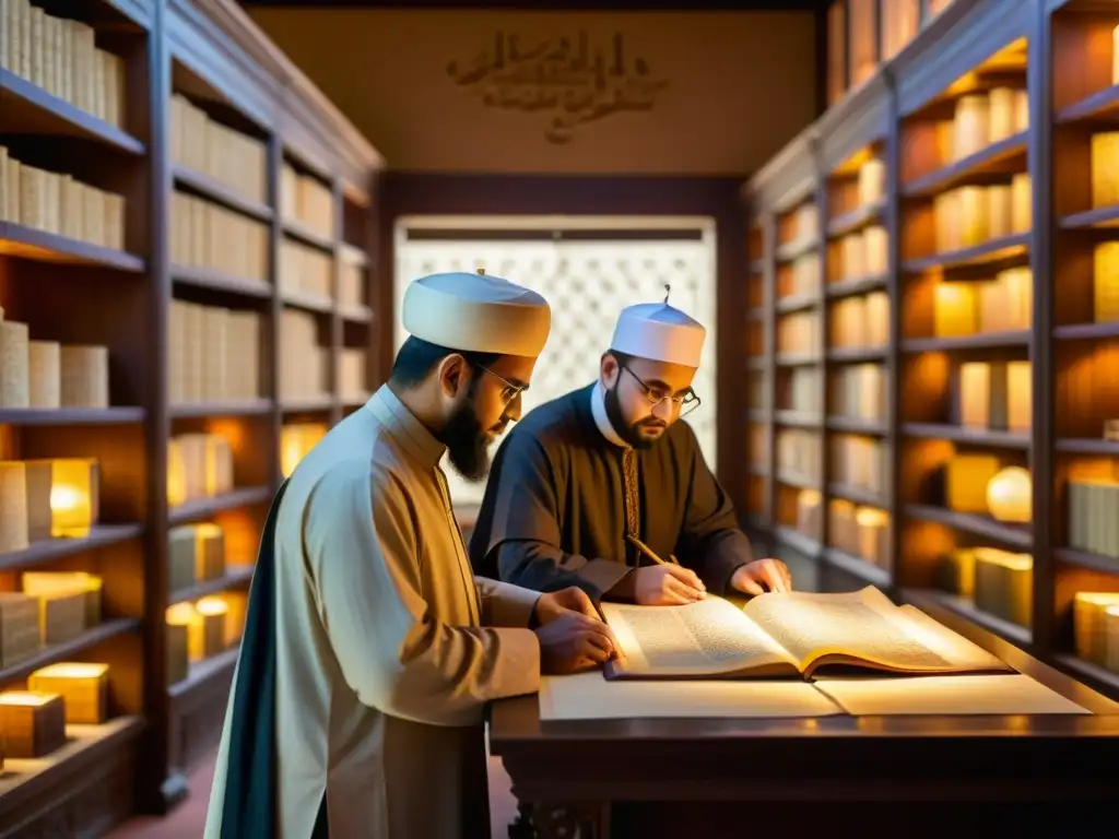 Grupo de eruditos musulmanes preservando textos antiguos en una biblioteca iluminada con caligrafía islámica