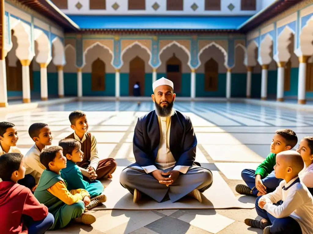 Grupo de estudiantes escuchando con atención a un sabio maestro en un patio de mezquita, enseñanza espiritual en el islam a través de historias orales