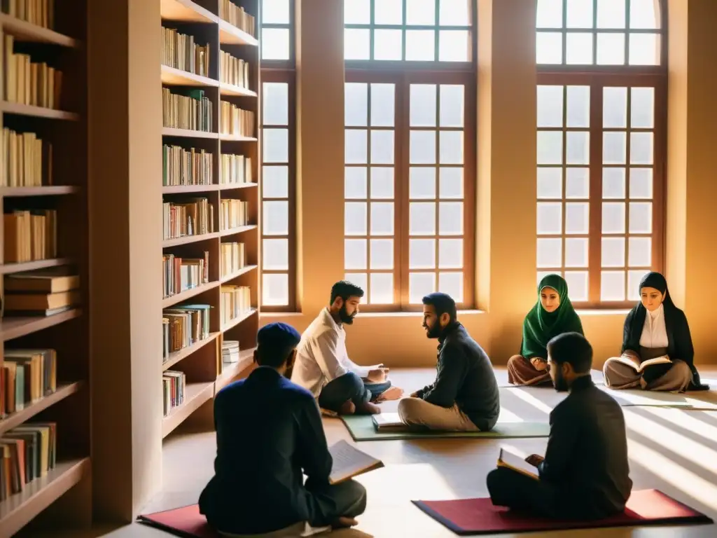 Grupo de estudiantes inmersos en el estudio en una moderna madrasa, bajo la cálido resplandor del sol