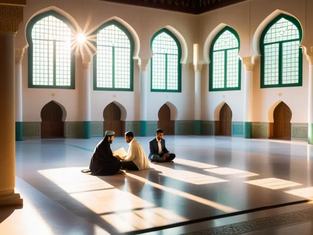 Grupo de estudiantes y profesor discuten gestión financiera islámica Sharia en un hermoso patio de mezquita