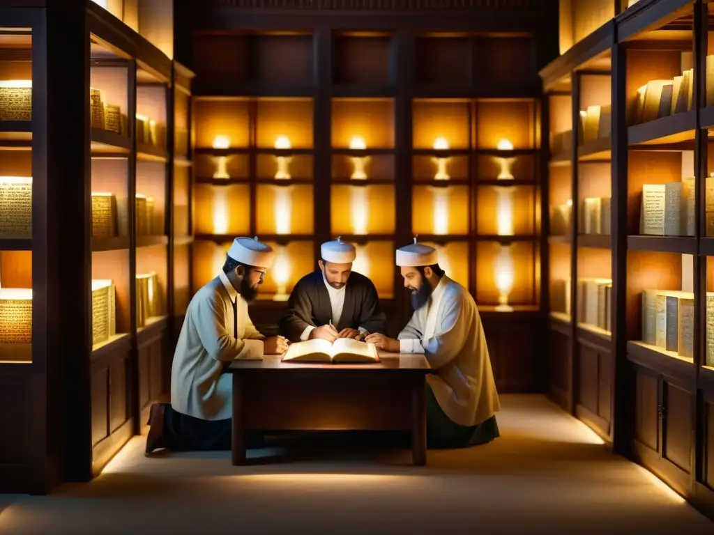 Grupo de estudiosos examinando manuscritos islámicos en biblioteca de Tombuctú, África, iluminados por lámparas antiguas