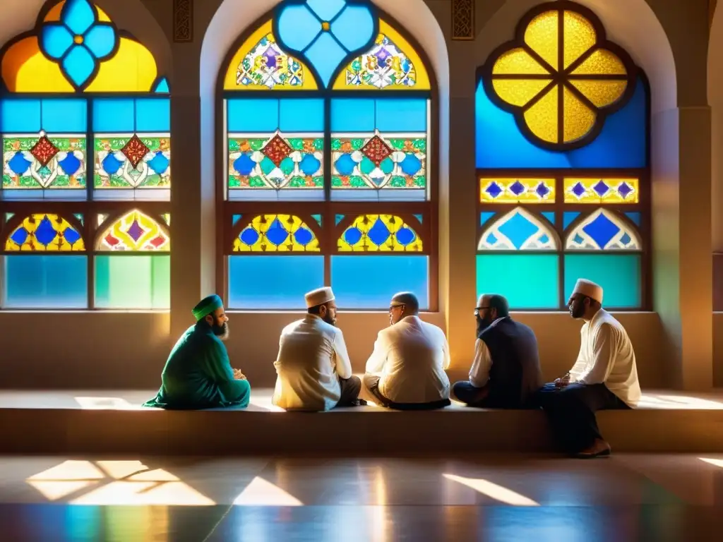 Un grupo de estudiosos religiosos de diversas tradiciones dialogan en una hermosa mezquita, reflejando el pensamiento islámico diálogo interreligioso