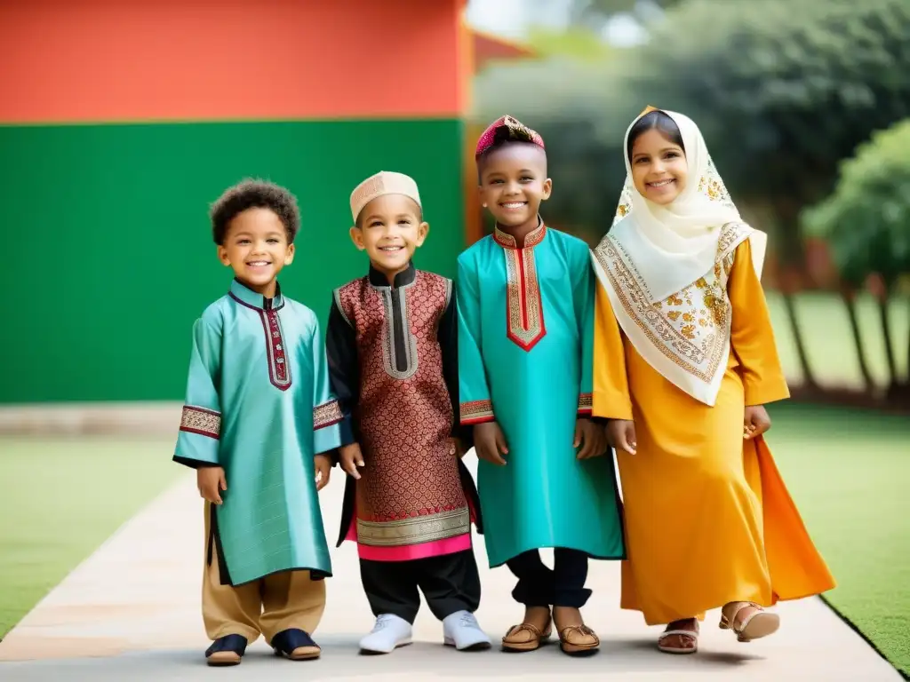 Un grupo de niños felices de diferentes edades, vistiendo colorida y elegante moda islámica infantil, disfrutan juntos en un entorno amplio y luminoso