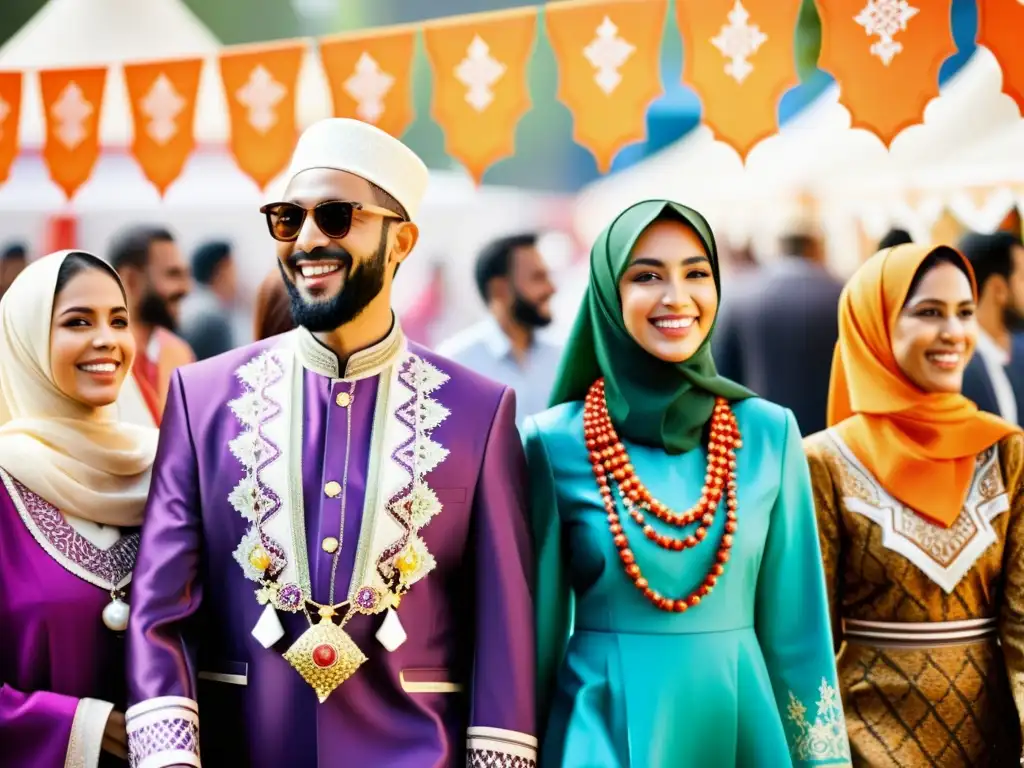 Grupo en festival islámico viste moda Halal, reflejando significado simbología islámica en atuendos elegantes y vibrantes