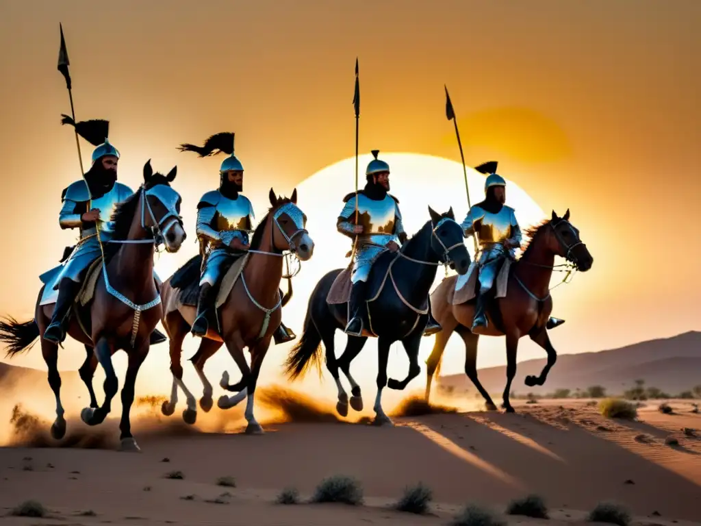 Un grupo de guerreros árabes a caballo galopando en un campo de batalla desértico al atardecer, con el sol dorado detrás de ellos