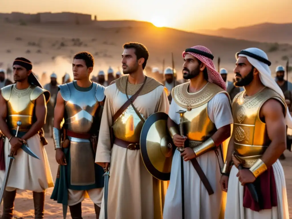 Grupo de guerreros árabes recitando poesía en batalla al atardecer, sus rostros llenos de pasión