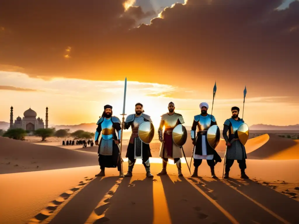 Un grupo de guerreros islámicos con armaduras ornamentadas y cimitarras en un vasto desierto al atardecer, rodeados de arena y una mezquita majestuosa