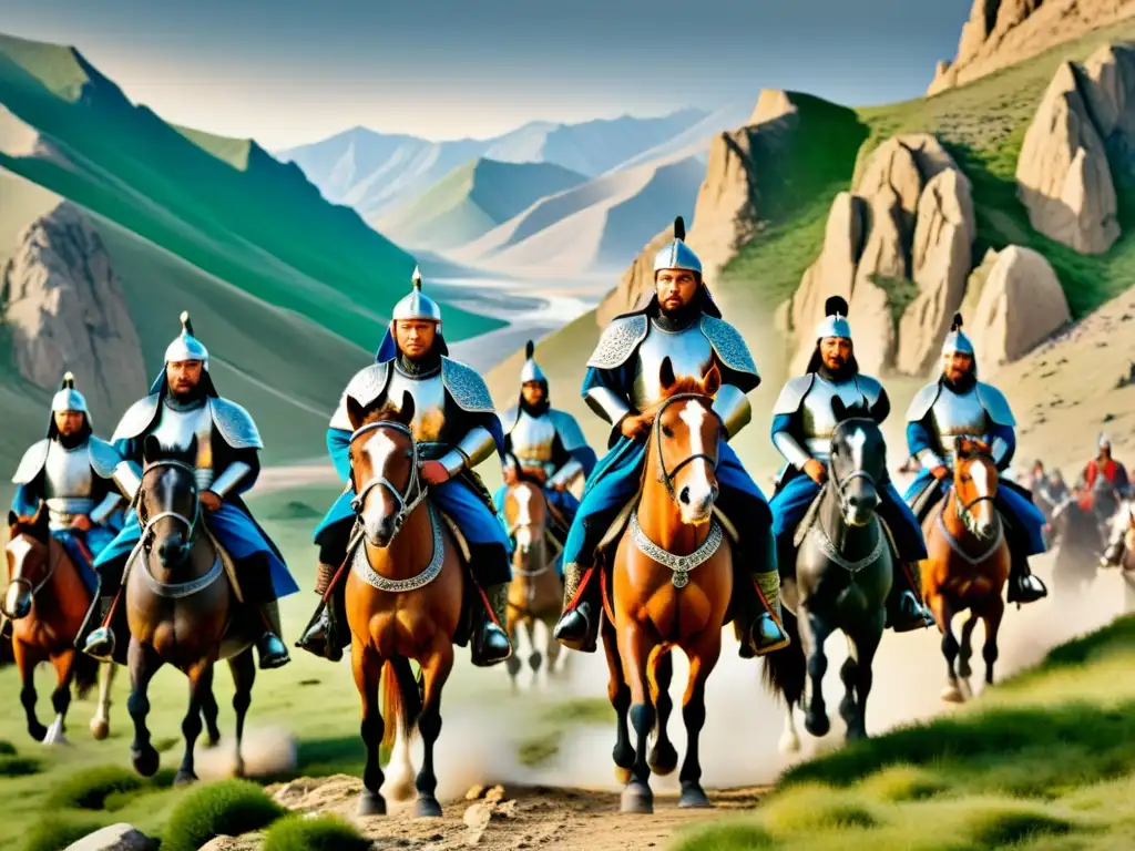 Un grupo de guerreros islámicos desafiantes frente a un ejército mongol, transmitiendo el impacto del imperio mongol en el Islam