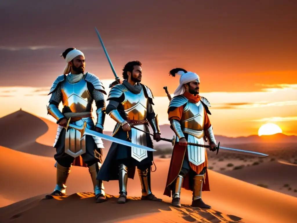 Un grupo de guerreros musulmanes con armaduras ornamentadas y espadas relucientes en el desierto al atardecer