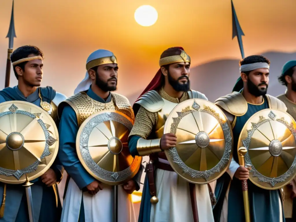 Un grupo de guerreros musulmanes muestra determinación y honor al enfrentar a los cruzados, con una fuerte actitud y valor