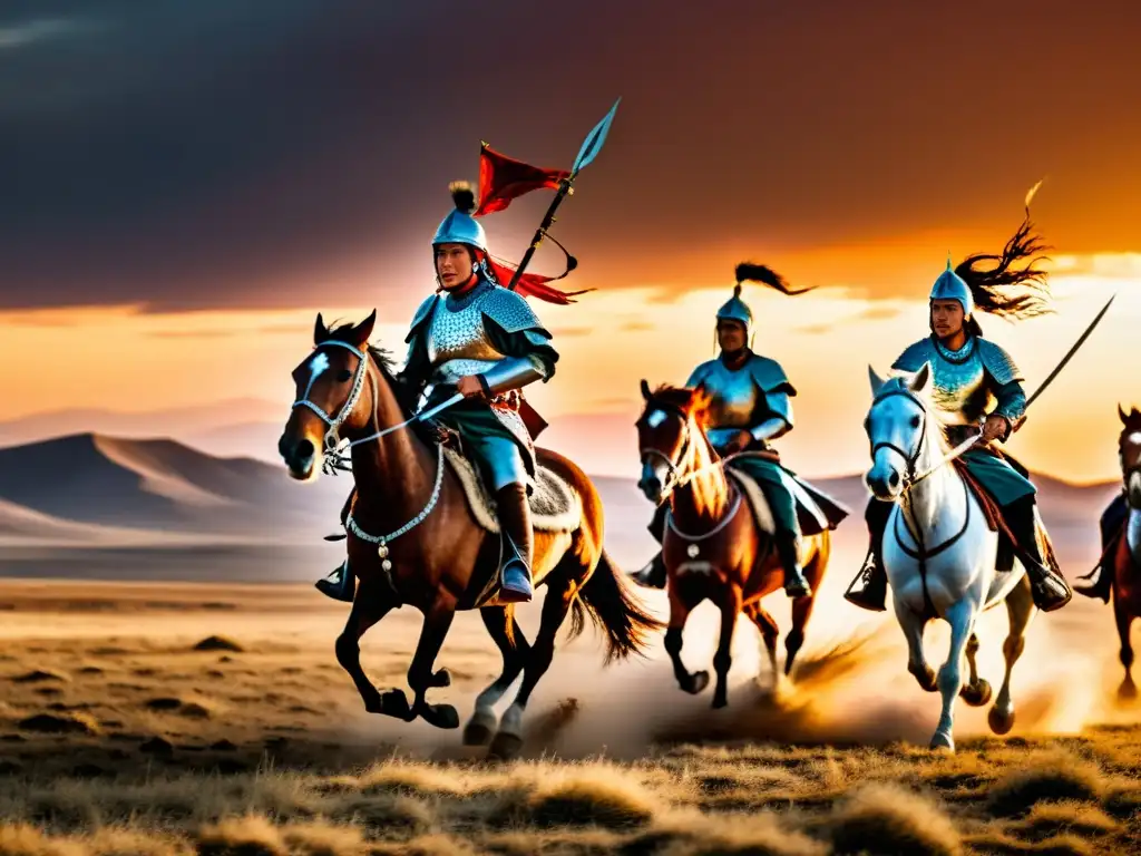 Un grupo de guerreros nómadas turcos a caballo, con armaduras tradicionales, cabalgando bajo un atardecer dramático en las estepas