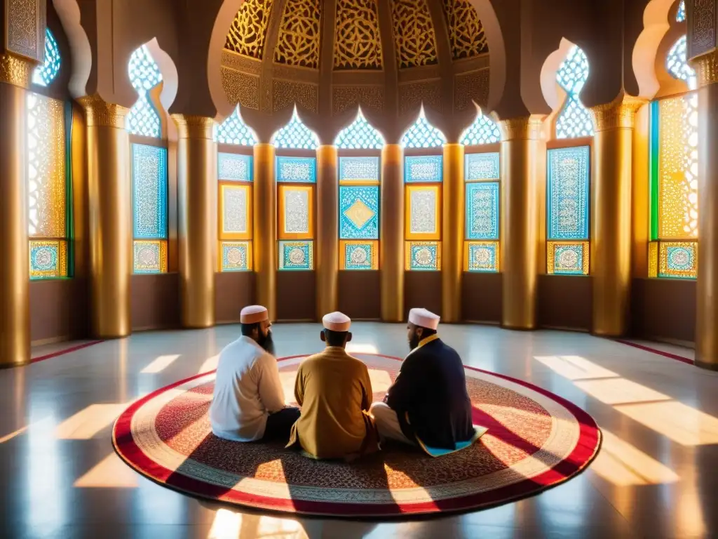 Grupo de guías espirituales musulmanes en círculo, en una mezquita bellamente decorada, llevando a cabo prácticas devocionales en el Islam