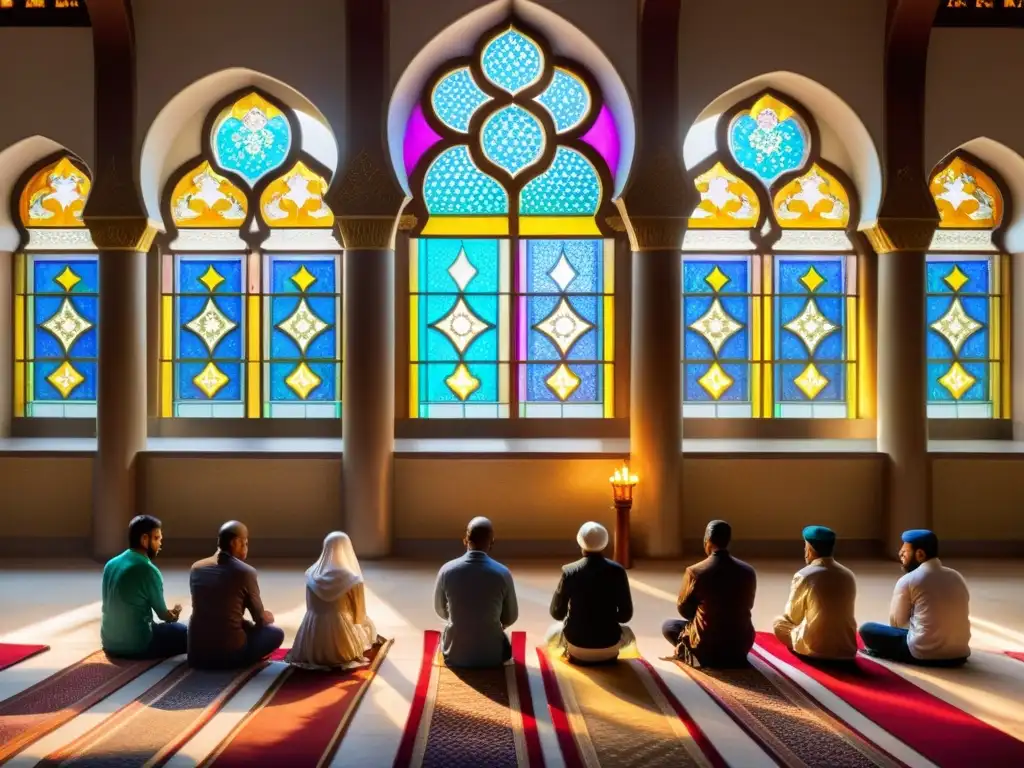 Grupo rezando en una hermosa mezquita con arquitectura islámica, iluminada por luz natural