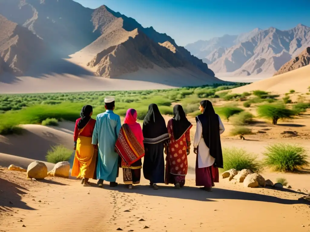 Grupo de hombres y mujeres baluchis en atuendos tradicionales bajo el sol del sudeste persa, contrastando con el árido desierto