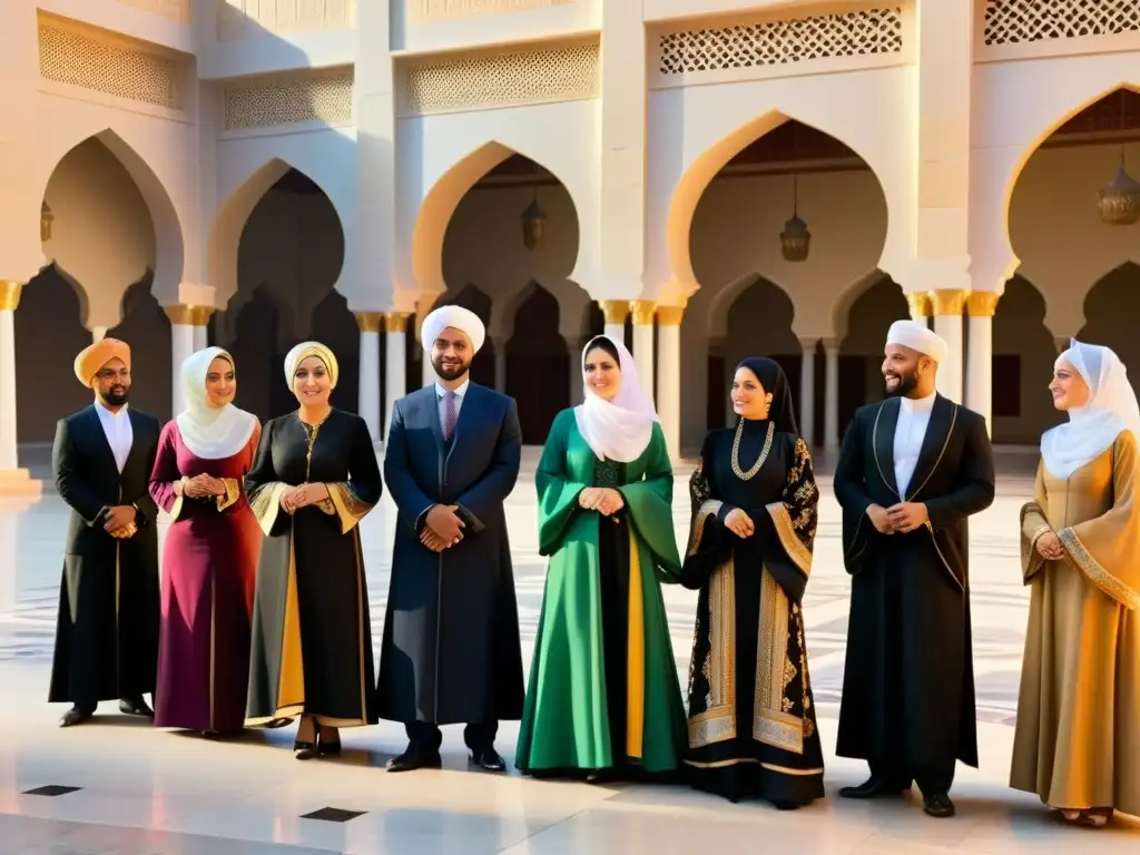 Un grupo de hombres y mujeres vistiendo atuendos tradicionales islámicos se reúnen en un hermoso patio de mezquita